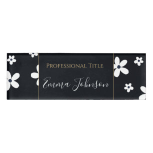 Summer Boho Black White Daisy Flowers Name Tag
