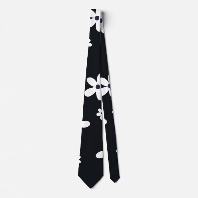 Summer Boho Black White Daisy Flowers Tie (Front)