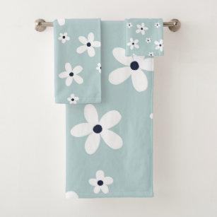 Summer Boho Blue White Daisy Flowers Bath Towel Set