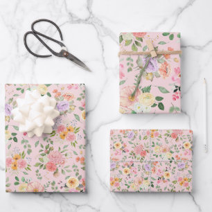 Summer Boho Floral on Baby Pink Wrapping Paper Sheet
