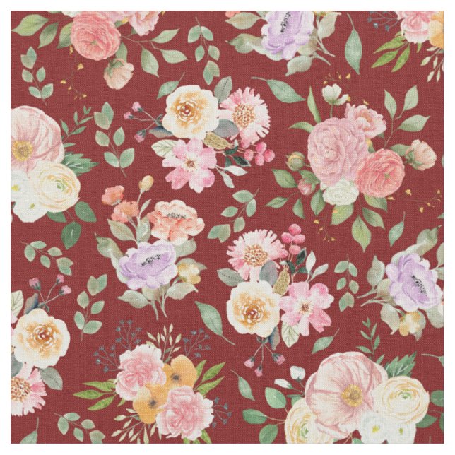 Summer Boho Floral on Barn Red Fabric (Close Up)