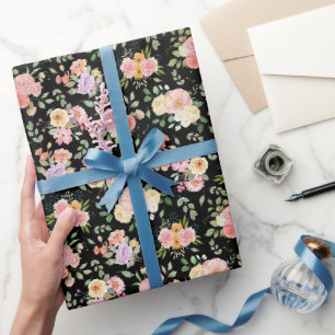 Summer Boho Floral on Black Wrapping Paper