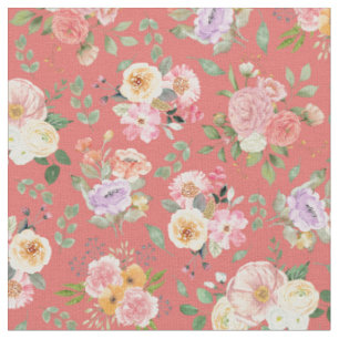 Summer Boho Floral on Dark Coral Pink Fabric