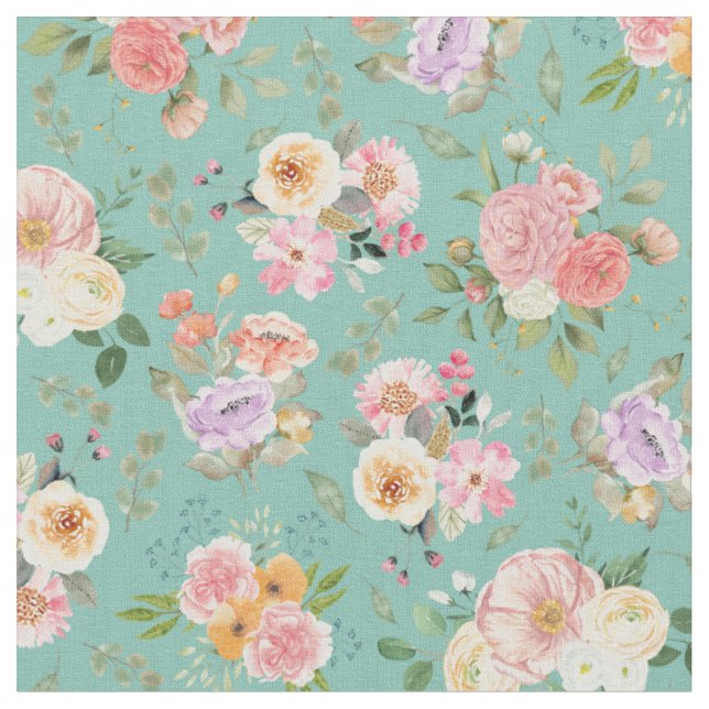 Summer Boho Floral on Green Fabric (Close Up)