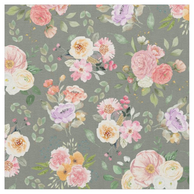 Summer Boho Floral on Grey Fabric (Close Up)