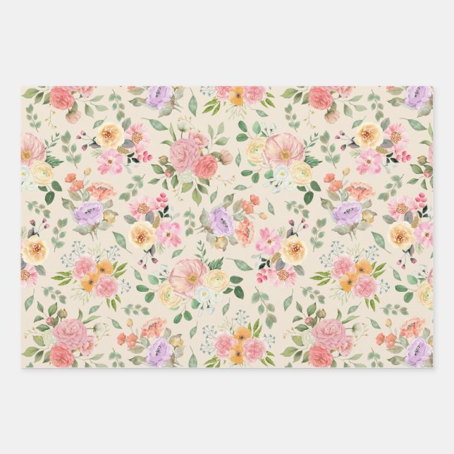 Summer Boho Floral on Pale Yellow Wrapping Paper Sheet (Front 2)