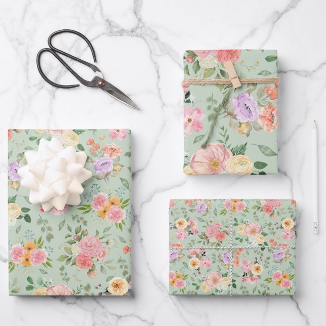 Summer Boho Floral on Sage Green Wrapping Paper Sheet (Front)