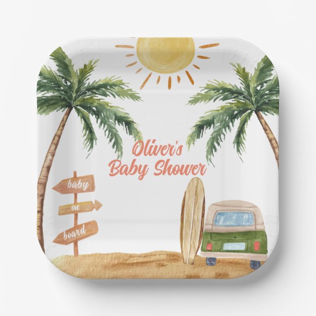 Summer Boho Surf Beach Van Baby Shower  Paper Plate (Front)