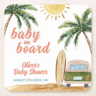 Summer Boho Surf Beach Van Baby Shower Square Paper Coaster