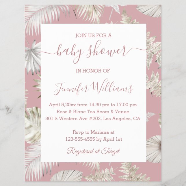 summer boho tropical baby shower pink invitation  flyer (Front)