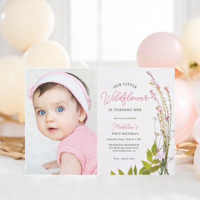 Summer boho wildflower script photo 1st birthday invitation (Summer boho wildflower script photo 1st birthday invitation)