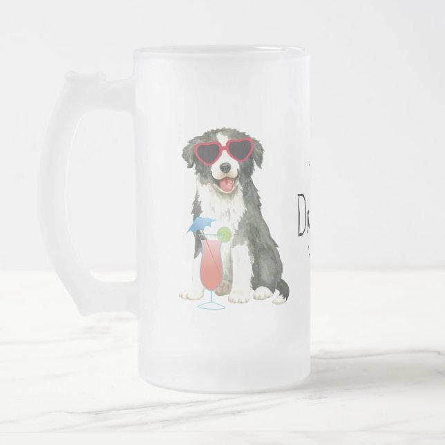 Summer Border Collie Frosted Glass Beer Mug (Left)