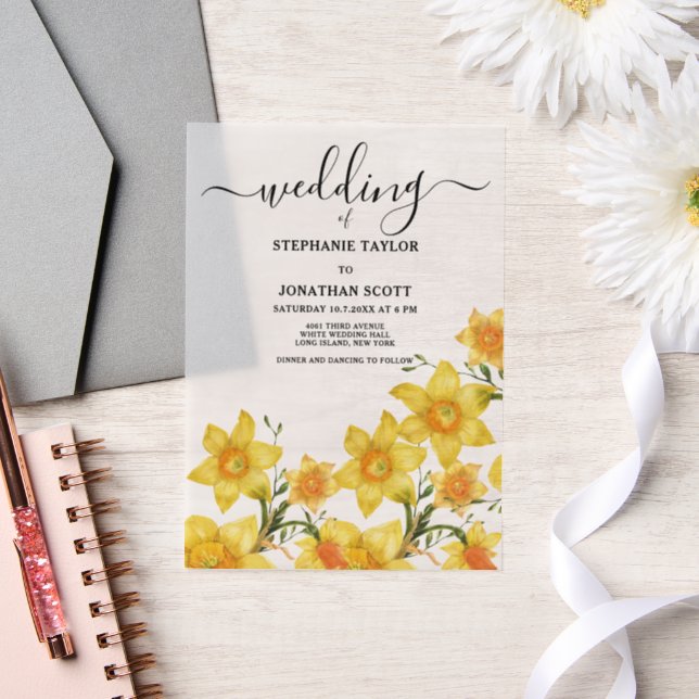 Summer bouquet golden daffodils flowers Wedding Vellum Invitations (Wedding)