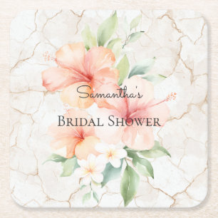 Summer Breeze Blush Peach Hibiscus Bridal Shower   Square Paper Coaster
