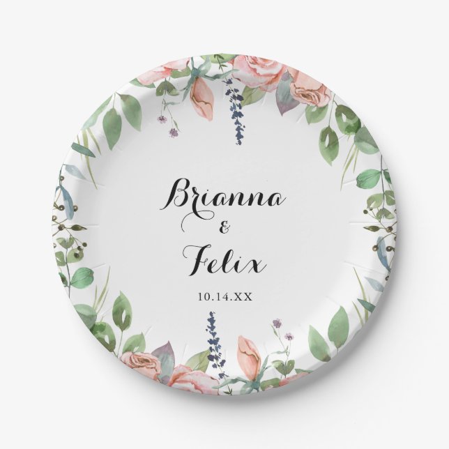 Summer Breeze Floral Calligraphy Wedding Cake  Paper Plate (Front)