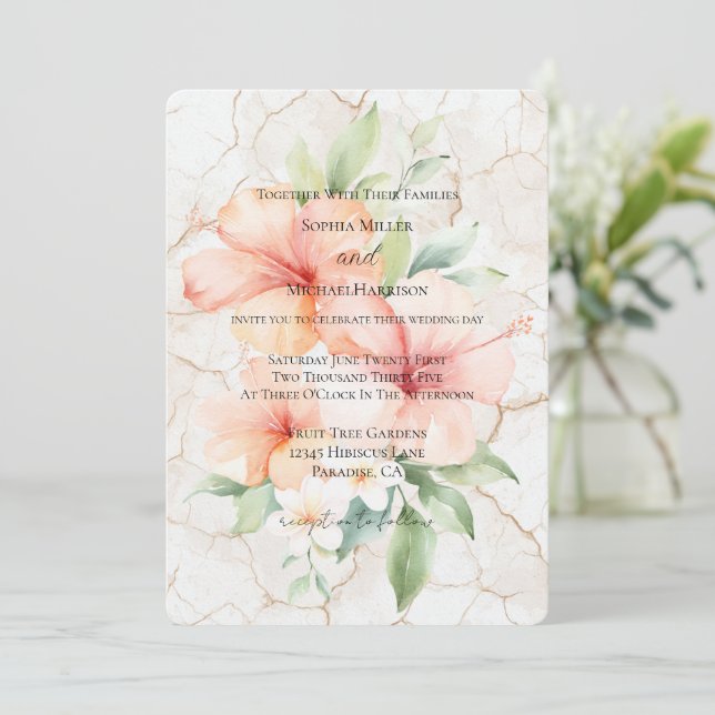Summer Breeze Hisbiscus Flowers Wedding Invitation (Standing Front)