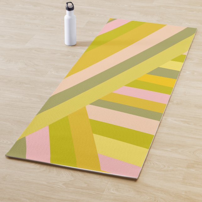 Summer Bright Pastel Pink Green Geometric Stripes Yoga Mat (In Situ)