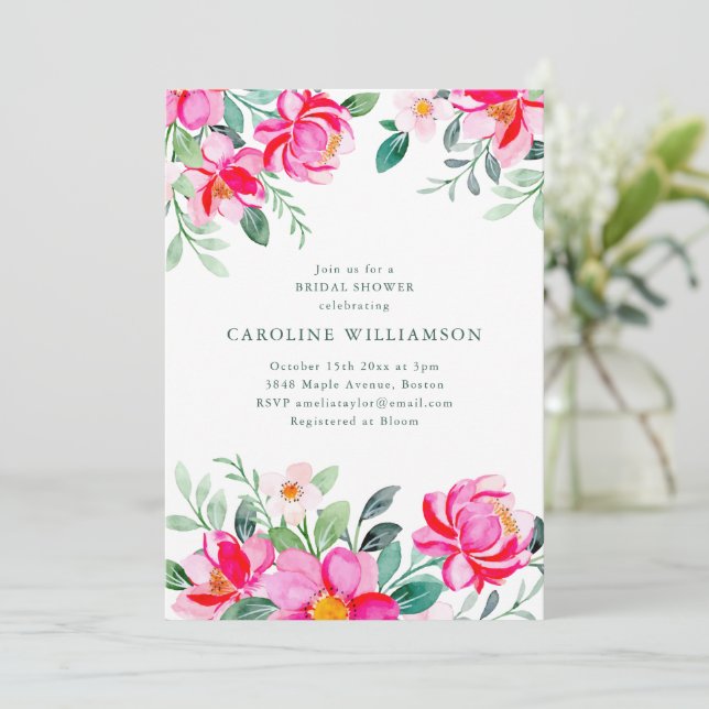 Summer Bright Pink Watercolor Floral Bridal Shower Invitation (Standing Front)