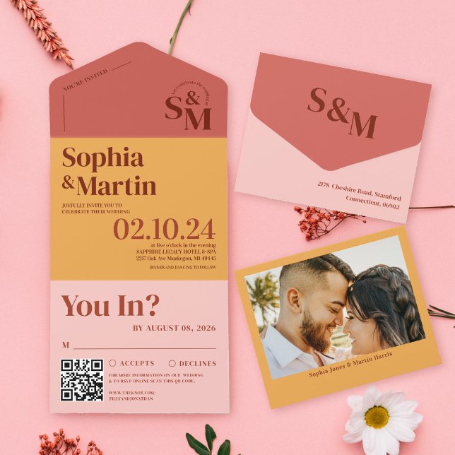 Summer Bright Vibrant Pink Yellow Photo Wedding All In One Invitation (Creator Uploaded)