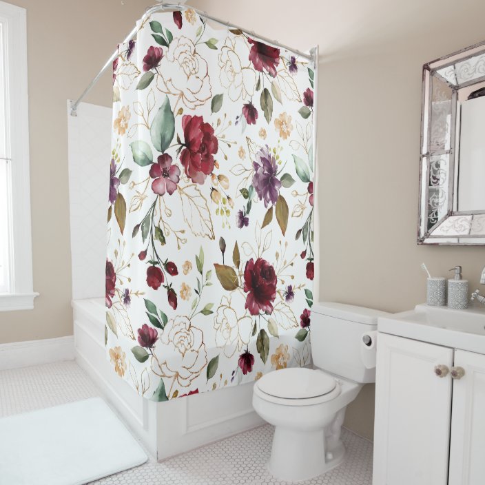 Summer Burgundy Gold Outline Floral Shower Curtain Zazzle.co.uk