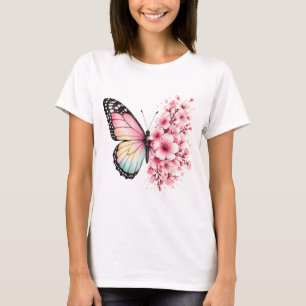 Summer Butterfly Flowers Watercolor Floral Design T-Shirt