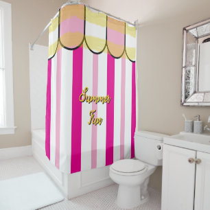 Summer Cabana Pink White Yellow Stripes Shower Curtain