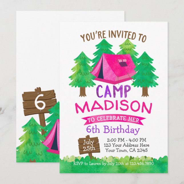 Summer Camp , Camping Birthday Invitation (Front/Back)