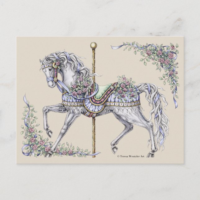 Summer Carousel Horse Drawing Post Card (Front)