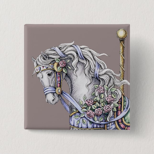 Summer Carousel Horse Drawing Square Button (Front)
