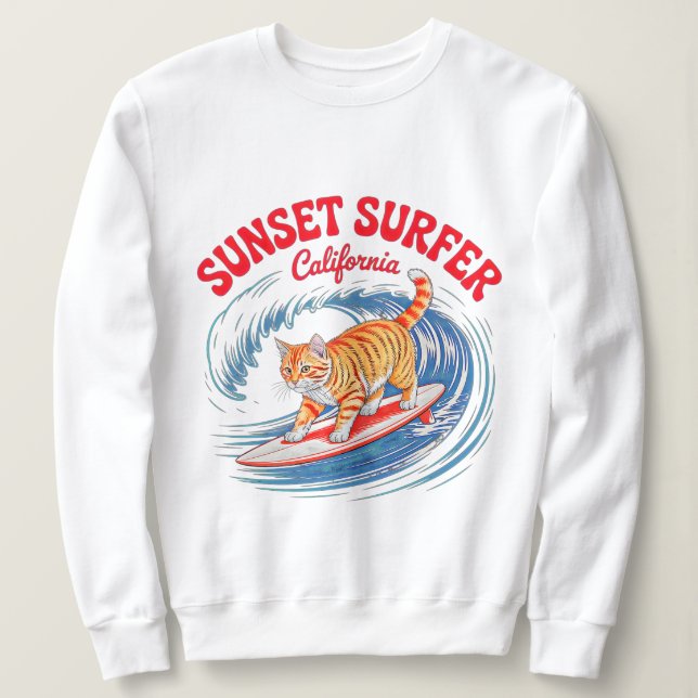 Summer Cat Adventure - Playful Retro Beach for cat Sweatshirt (Design Front)