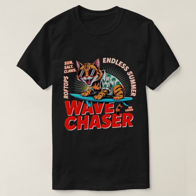Summer Cat Cool Retro Surfer Gift - Wave Chaser  T-Shirt (Design Front)