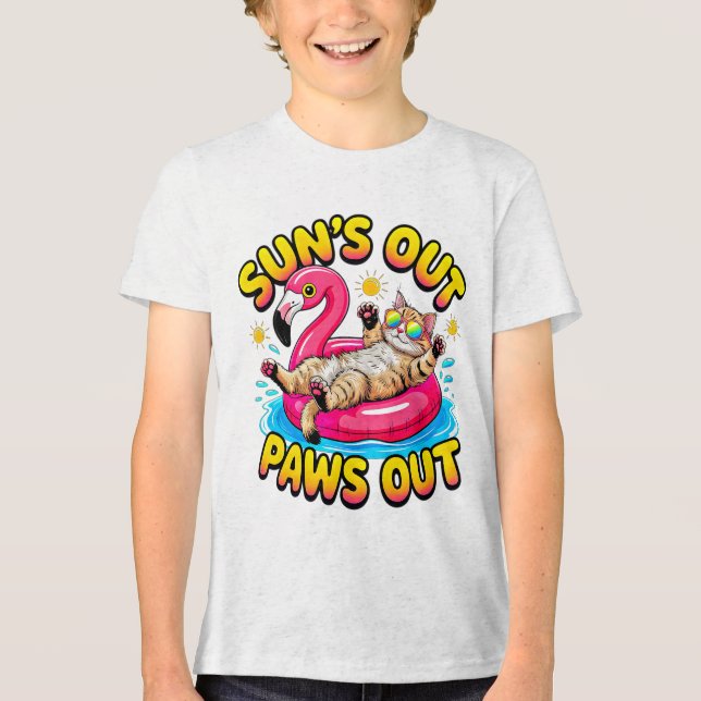 Summer Cat Funny Flamingo Float — Cool Paws Out Tri-Blend Shirt (Front)