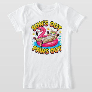 Summer Cat Girls Sun's Out Paws Out Flamingo Float T-Shirt