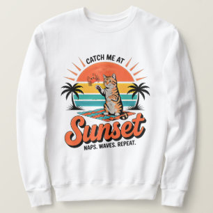 Summer Cat Retro Sunset Beach Design Sweatshirt