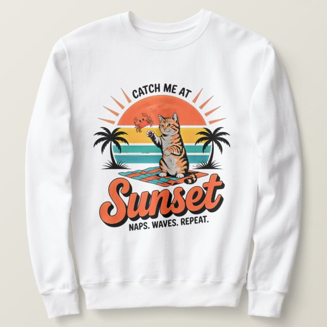 Summer Cat Retro Sunset Beach Design Sweatshirt (Design Front)