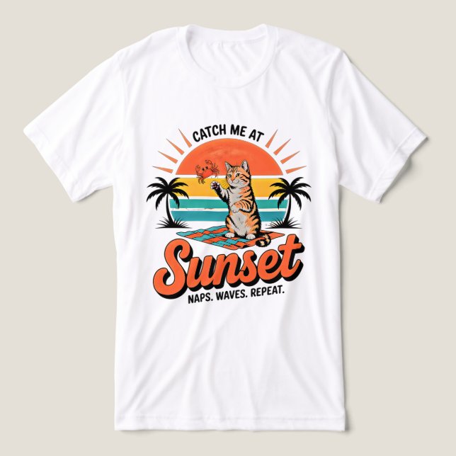 Summer Cat Sunset - Retro Beach Tabby Kitten Tee (Design Front)