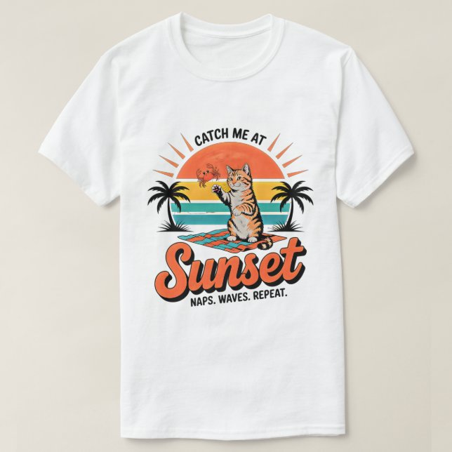 Summer Cat Sunset Retro Beach Vibes T-Shirt (Design Front)