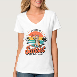 Summer Cat Sunset Retro Beach Vibes Women's T-Shirt