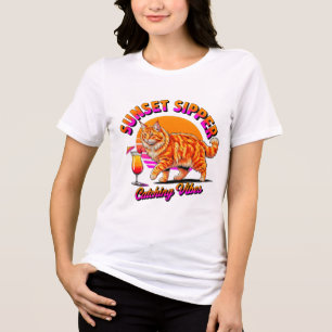Summer Cat Sunset Sipper - Funny Retro Beach Women Tri-Blend Shirt