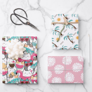 Summer Cat Tropical Tree Wrapping Paper Sheet
