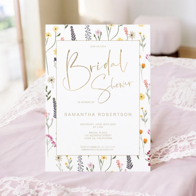 Summer chic wild flowers gold script bridal shower invitation (Summer chic wild flowers gold script bridal shower invitation)