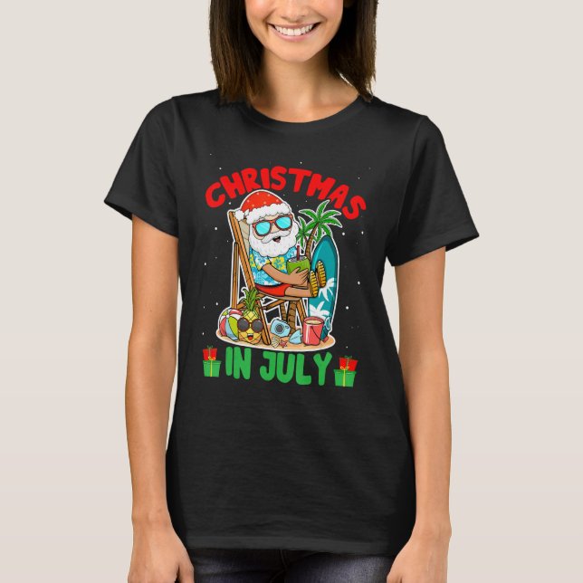 Summer Christmas in July  Tropical Santa Surfing H T-Shirt (Front)