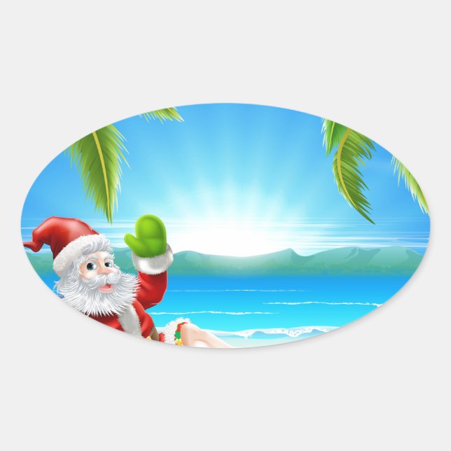Summer Christmas Santa Beach Scene Oval Sticker (Front)