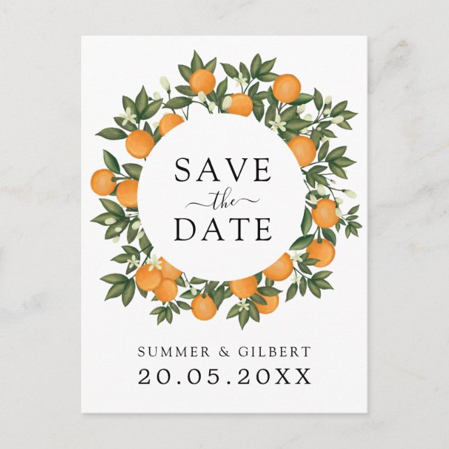 Summer Citrus Clementine Wedding Save the Date Announcement Postcard (Front)