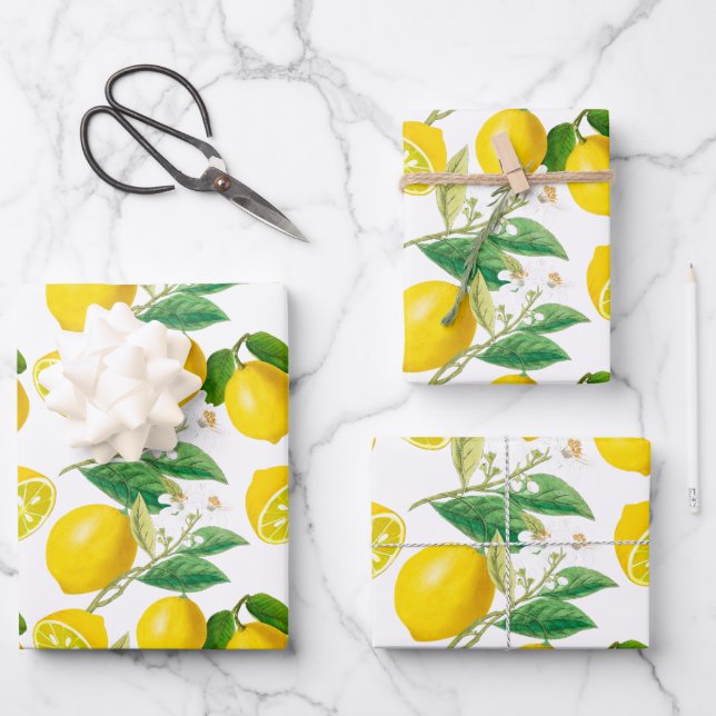 Summer, citrus ,floral Mediterranean style ,lemon  Wrapping Paper Sheet (Front)