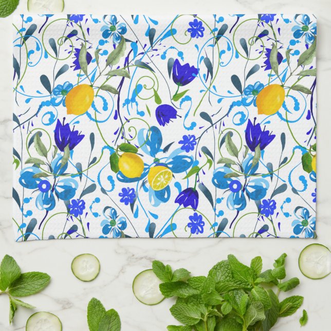 Summer citrus,lemons ,floral Mediterranean   Tea Towel (Folded)