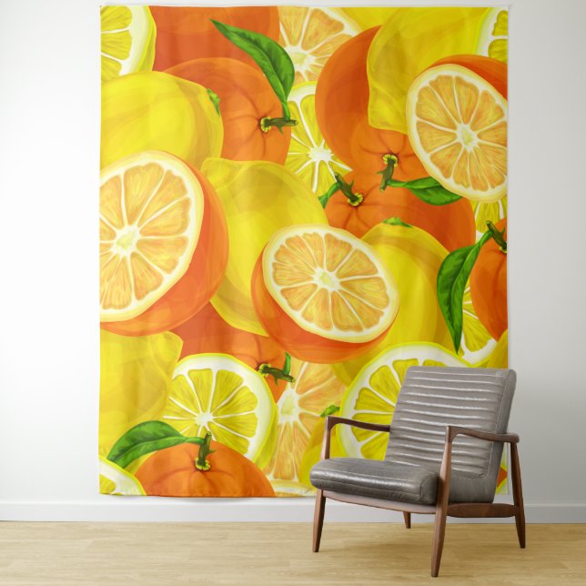 Summer Citrus Lemons & Oranges WhimsicalArtwork™ Tapestry (In Situ)