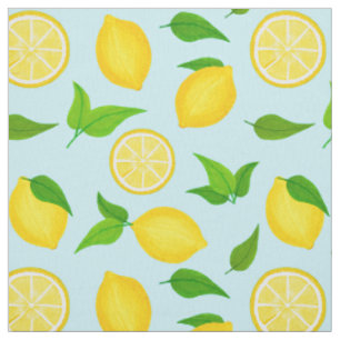 Summer Citrus Yellow Lemons and Leaves Pastel Blue Fabric