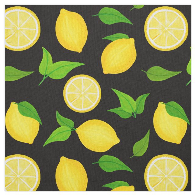 Summer Citrus Yellow Lemons green Leaves on Black Fabric (Swatch)