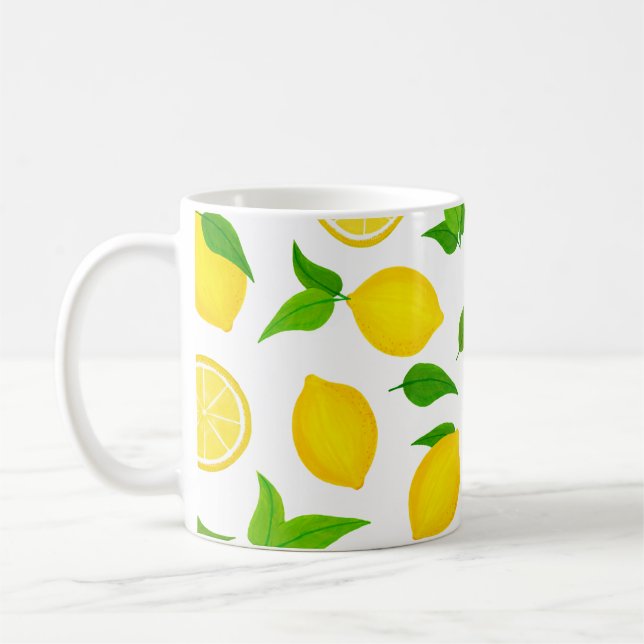 Summer Citrus Yellow Lemons with Green Leaves Coffee Mug (Left)